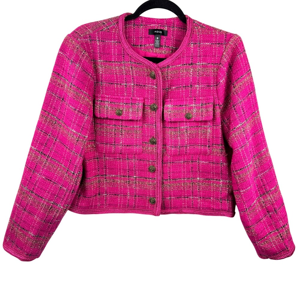 AQUA Tweed Plaid Jacket Women Medium Pink Gold Button Cropped Wool Blend Preppy - Picture 2 of 13